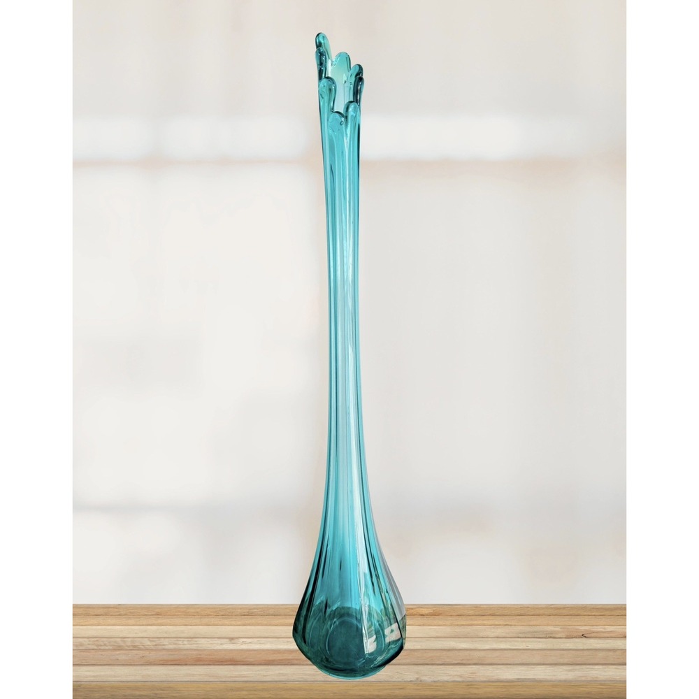 Vintage MCM LE Smith Glass 20" Peacock Blue Fat Bottom 8-Panel Swung Vase EUC